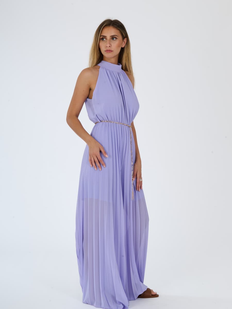 “Celestea” Jumpsuit – Pleated Jumpsuit with Crew Neck and Chain Belt