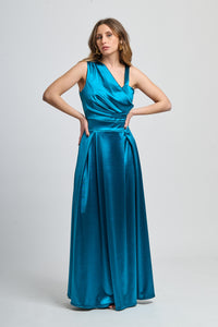 Abito lungo ottanio in raso affascinante, design a spalla unica e vita incontrita