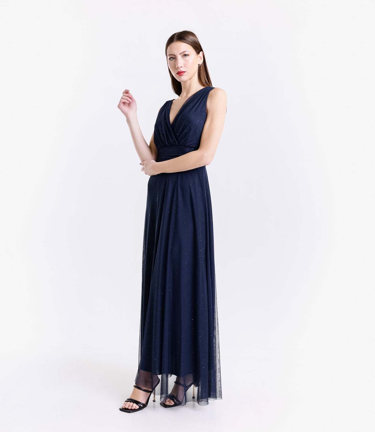 Vestito navy da serata concollo a V e drappaggio elegante