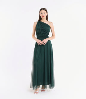 Vestito elegante verde.S, taglio a campana con scollo asimmetrico e fascia vita