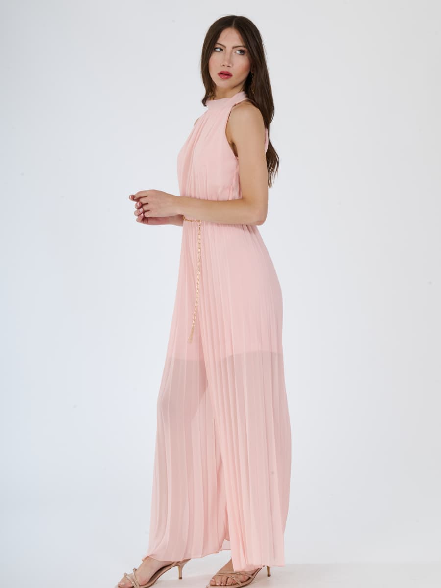 “Celestea” Jumpsuit – Pleated Jumpsuit with Crew Neck and Chain Belt