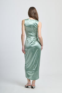 Abito formale salvia in raso, ideale per occasioni eleganti