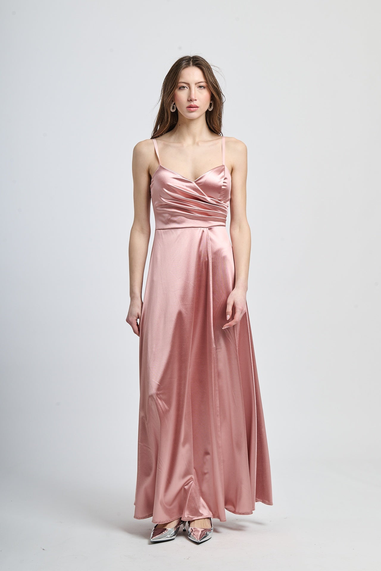 Vestito formale rosa antico, design senza spalline con drappeggi laterali e apertura leggera