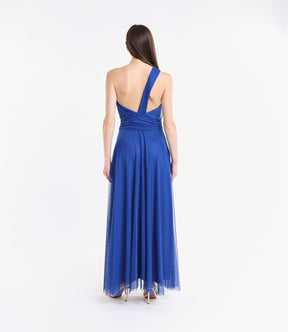 Vestito formale bluette, design monospalla con dettagli plissé e apertura leggera