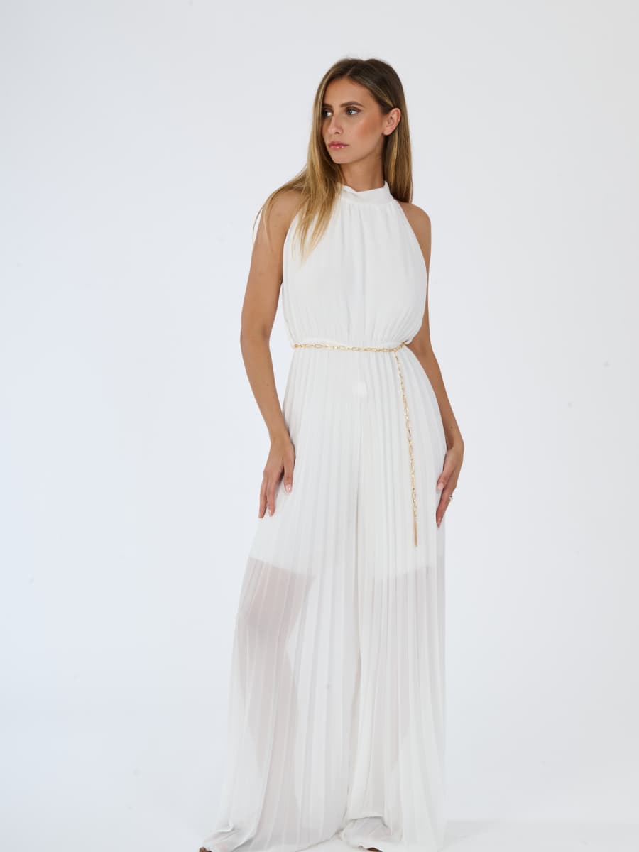 “Celestea” Jumpsuit – Pleated Jumpsuit with Crew Neck and Chain Belt
