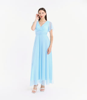 Vestito azzurro fluido, waist cinto, lunghezza maxi, per eventi estivi