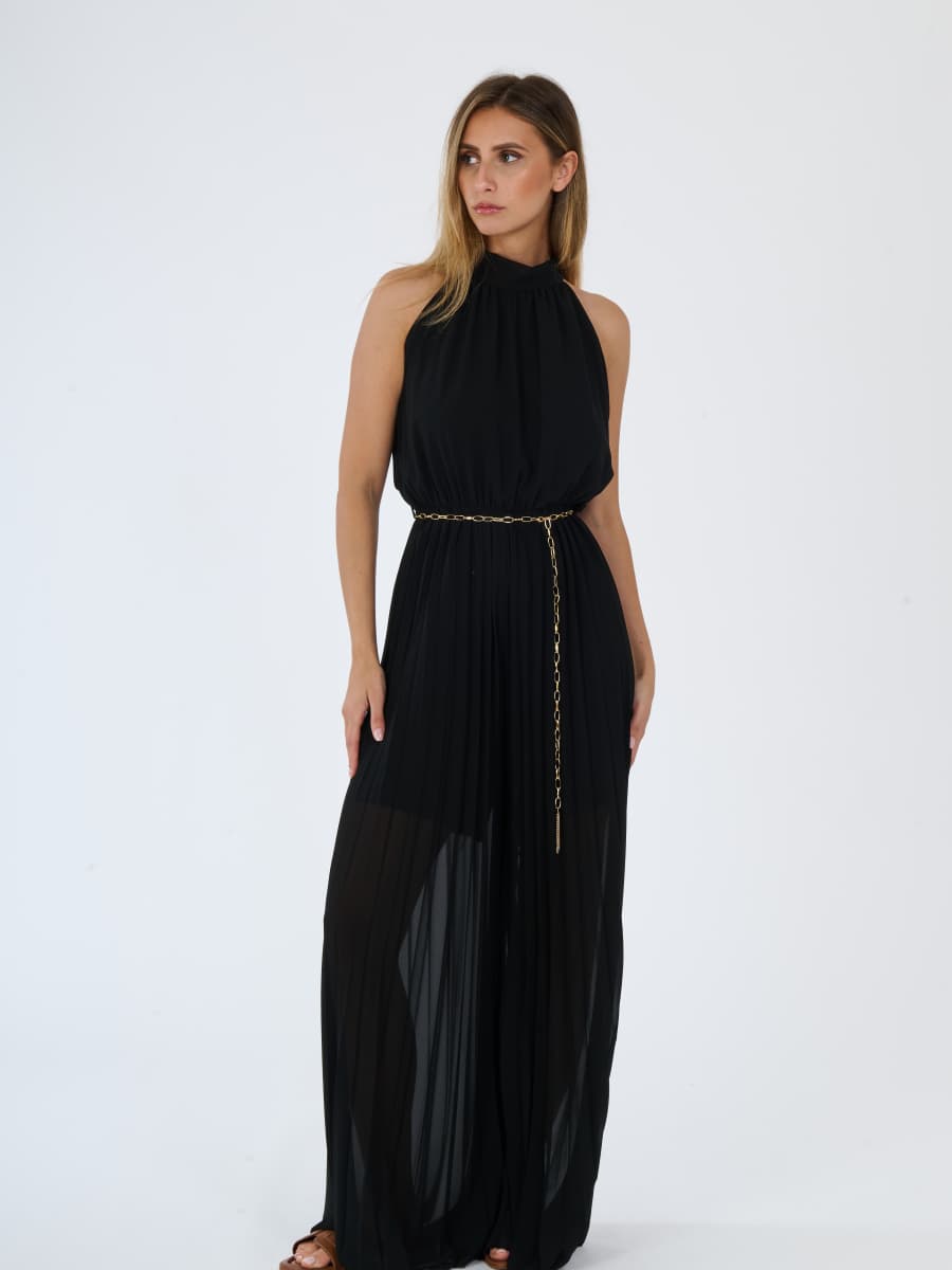 “Celestea” Jumpsuit – Pleated Jumpsuit with Crew Neck and Chain Belt