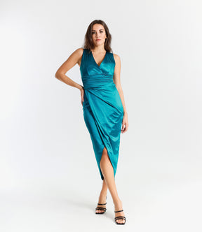 Abito elegante ottanio, design avvolgente con vita incontrita