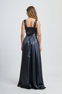 Abito elegante navy con drappaggi sul busto e gonna fluida