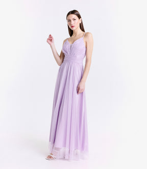 Abito elegante lilla con falda ampia fluida, perfetto per eventi speciali