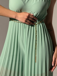“Celestea” Jumpsuit – Pleated Jumpsuit with Crew Neck and Chain Belt