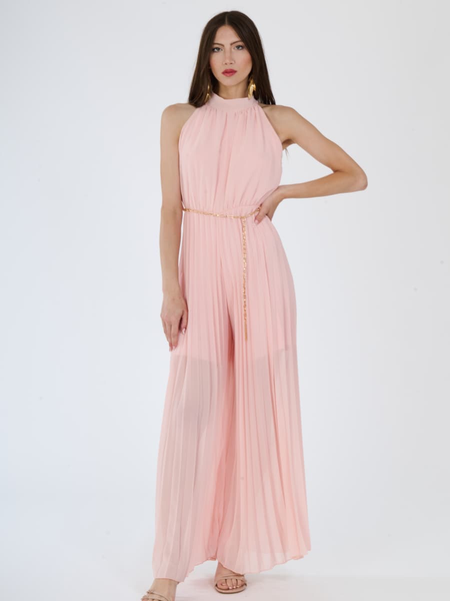 “Celestea” Jumpsuit – Pleated Jumpsuit with Crew Neck and Chain Belt