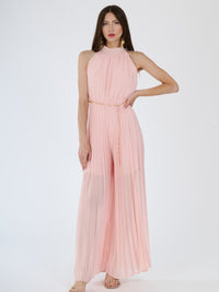 “Celestea” Jumpsuit – Pleated Jumpsuit with Crew Neck and Chain Belt