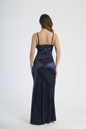 Abito elegante navy, taglio aderente con drappeggi e spacco laterale
