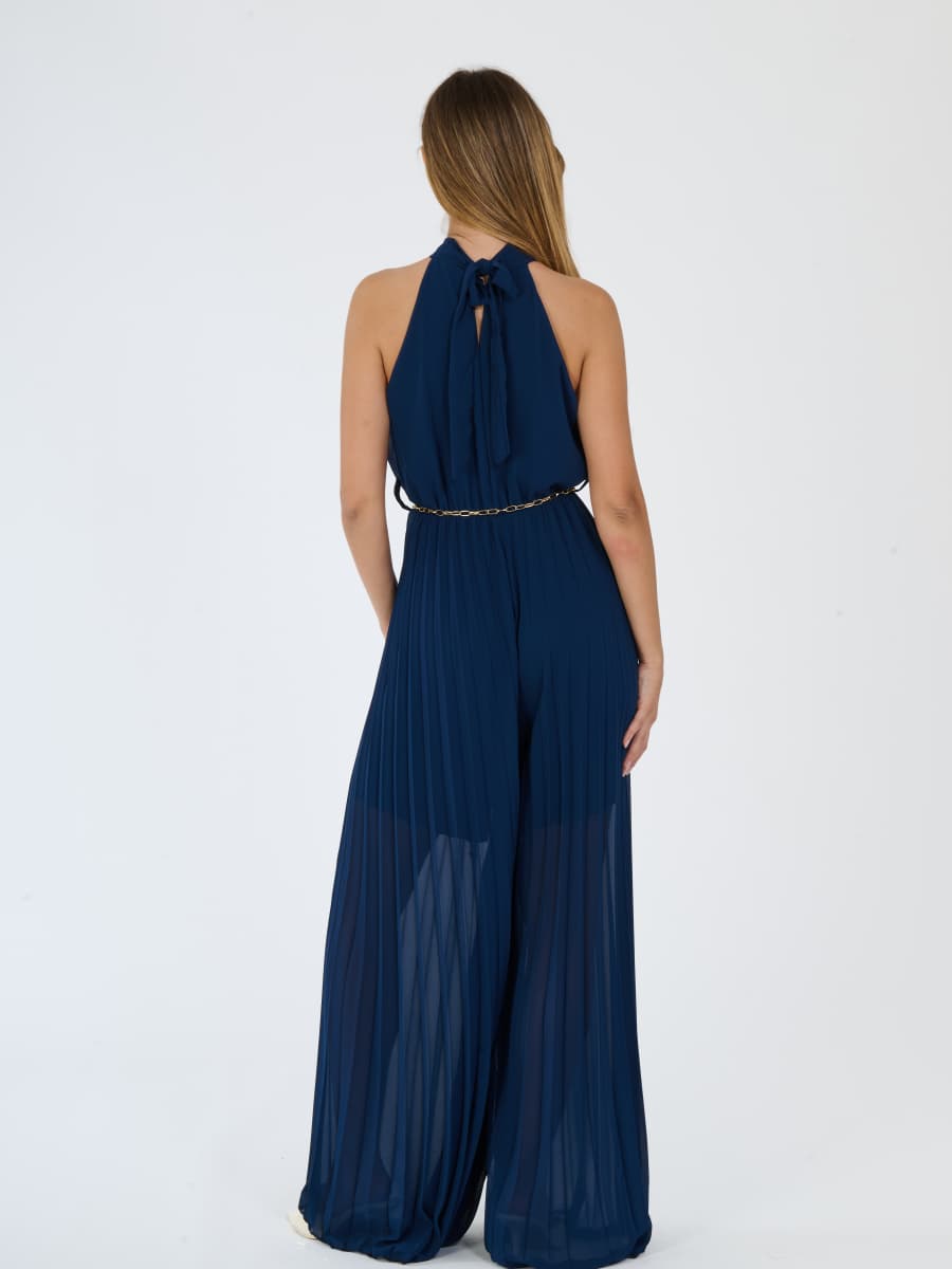 “Celestea” Jumpsuit – Pleated Jumpsuit with Crew Neck and Chain Belt