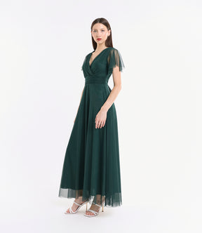 Tulle verde.S vibrante, scollo profondo, maniche ruffle, atmosfera naturale
