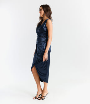 Abito da sera navy con scollo a V e fessura laterale sofisticata
