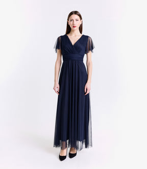 Vestito blu scuro fluido, waist cinto, lunghezza maxi, per serate notturne