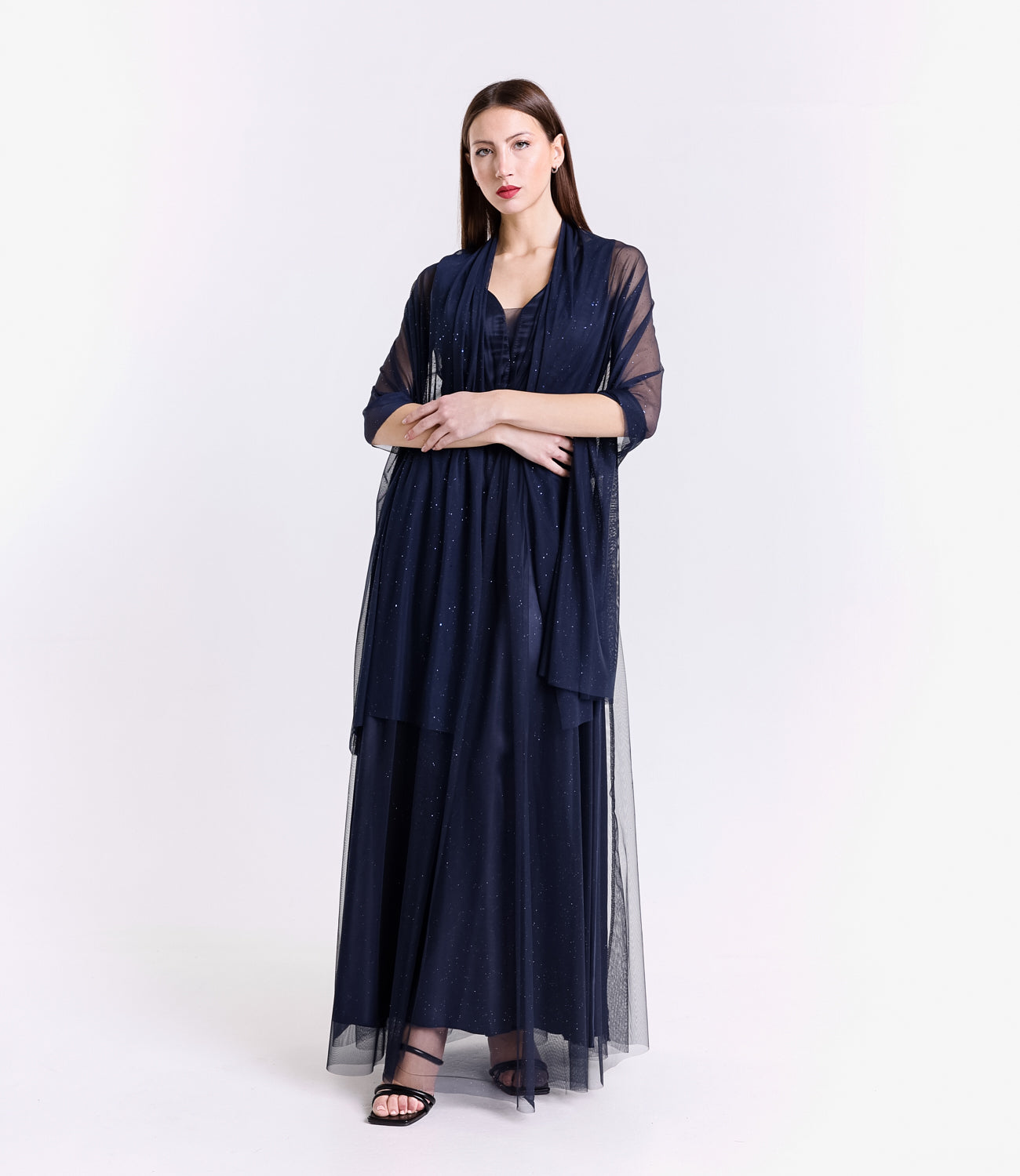 Abito da cerimonia navy in tulle, stile raffinato e versatile