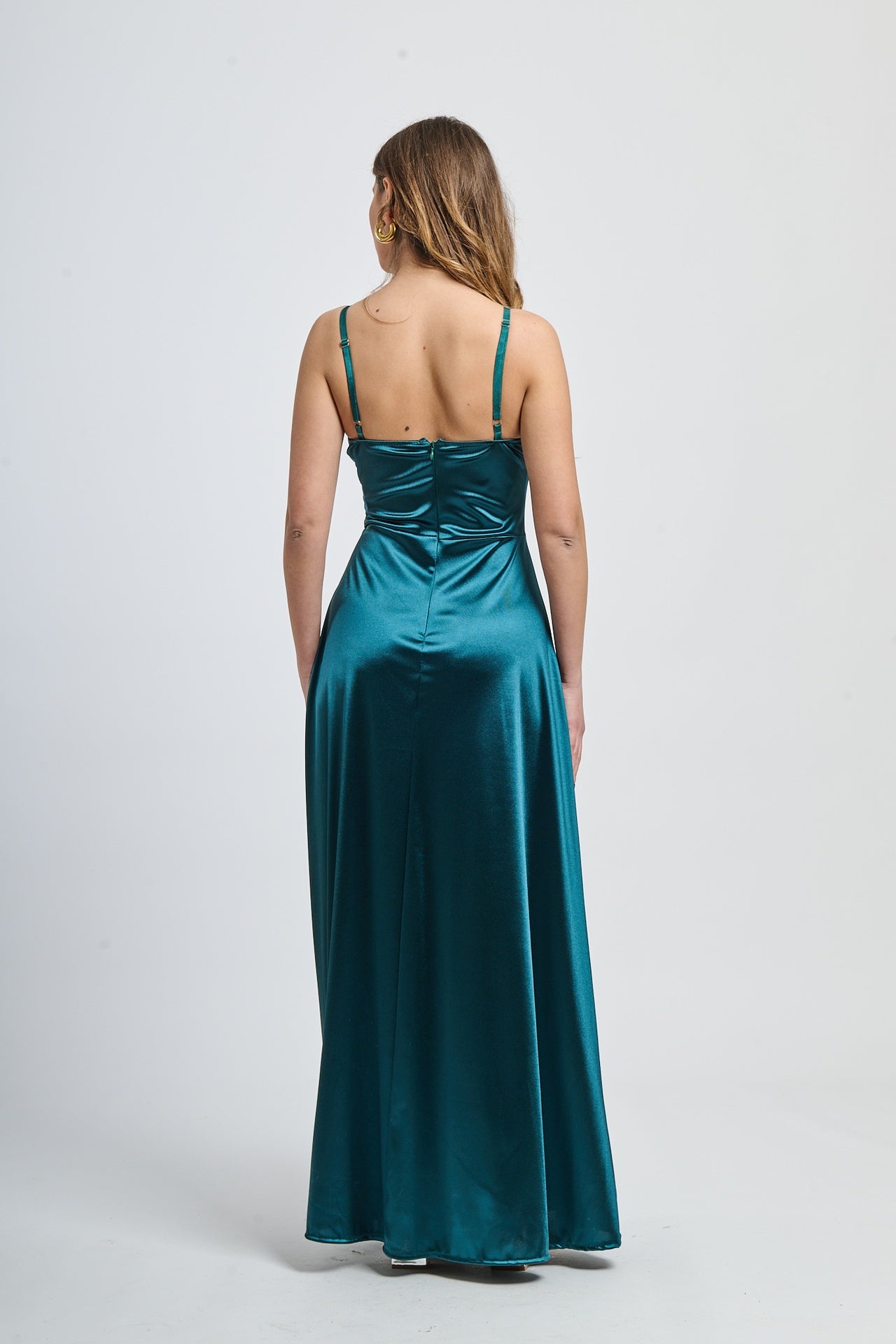 Vestito formale verde.S, design senza spalline con drappeggi laterali e apertura leggera