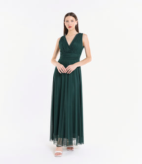 Vestito verde scuro da serata concollo a V e pizzo lussuoso
