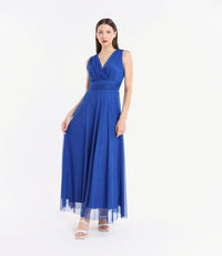 Vestito bluette da serata concollo a V e pizzo soffice