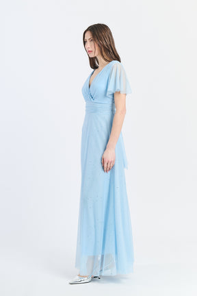 Vestito azzurro elegante con fascia in vita, ideale per eventi
