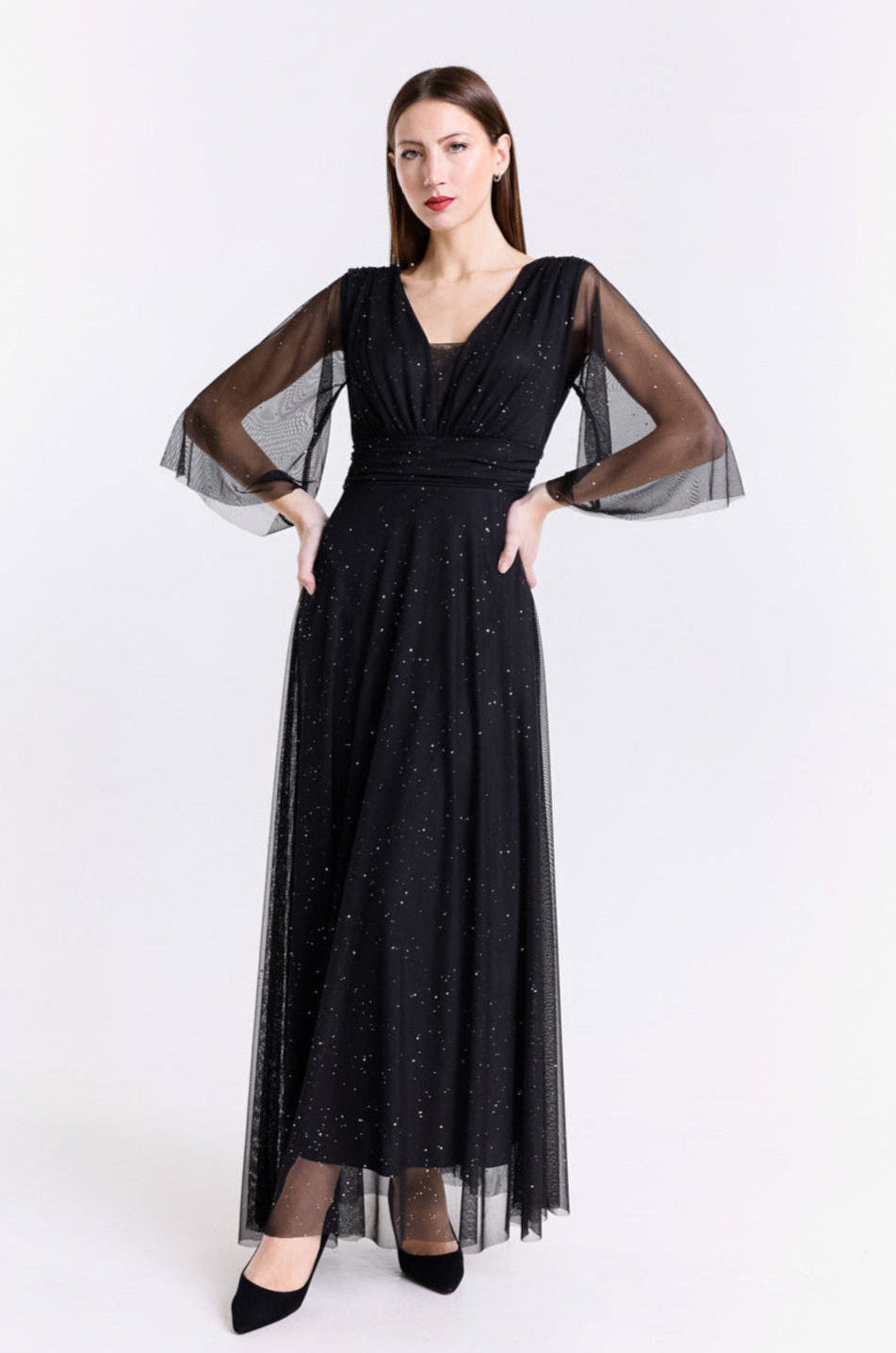 Abito lungo nero-argento affascinante con scollo a V e maniche in tulle trasparente