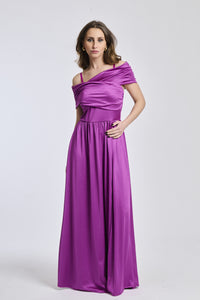 Vestito ciliegio elegante, spalline scollate, maniche assenti, apertura laterale per uno stile femminile. - Abito ciliegio lungo, design a 