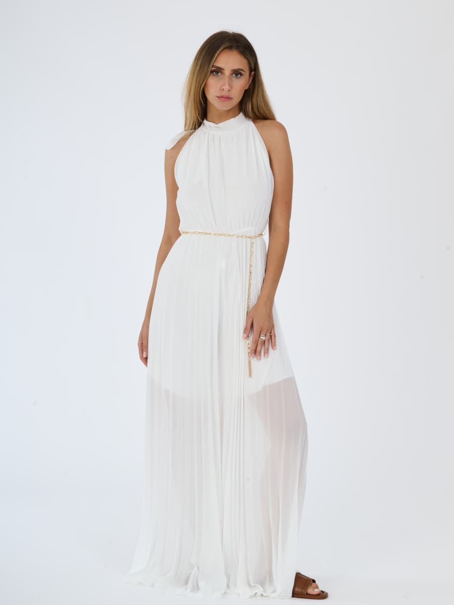 “Celestea” Jumpsuit – Pleated Jumpsuit with Crew Neck and Chain Belt