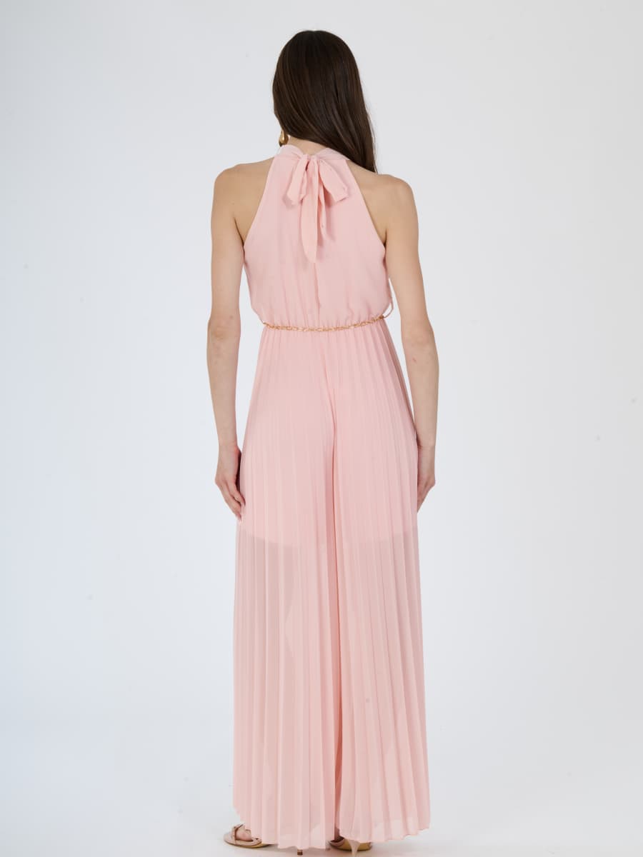 “Celestea” Jumpsuit – Pleated Jumpsuit with Crew Neck and Chain Belt