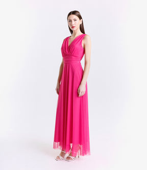 Vestito fuxia da serata concollo a V e pizzo lussuoso