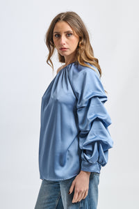 Top jeans con scollo a barca, maniche a balze, design fluido, per uso quotidiano