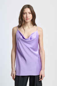 Canotta lilla in seta concollo drappato romantico