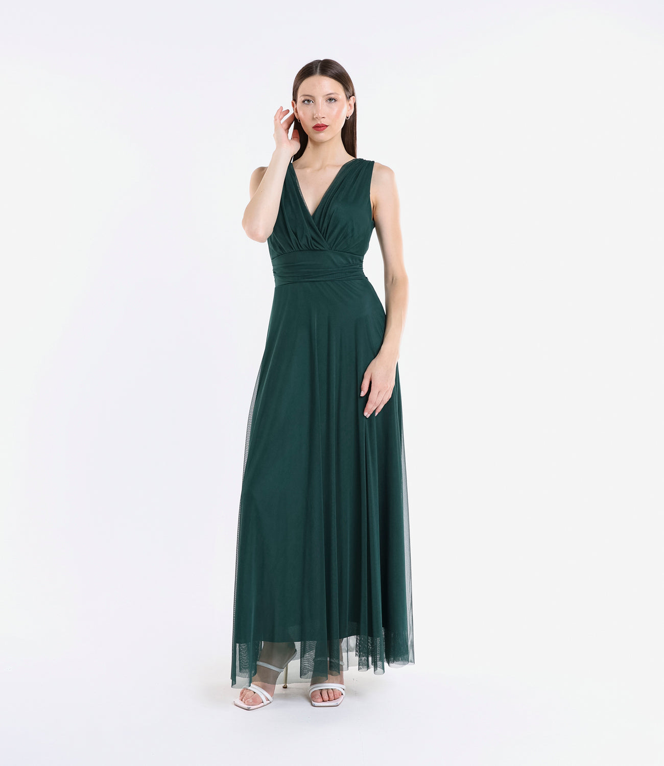 Abito lungo verde scuro in pizzo,elegante e rassicurante