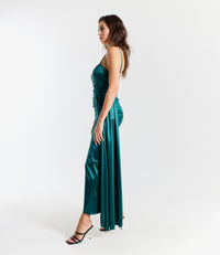 Abito da cerimonia verde.S in raso, perfetto per eventi all’aperto e estivi