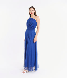 Abito da sera bluette, tessuto trasparente con effect volante e silhouette eterea