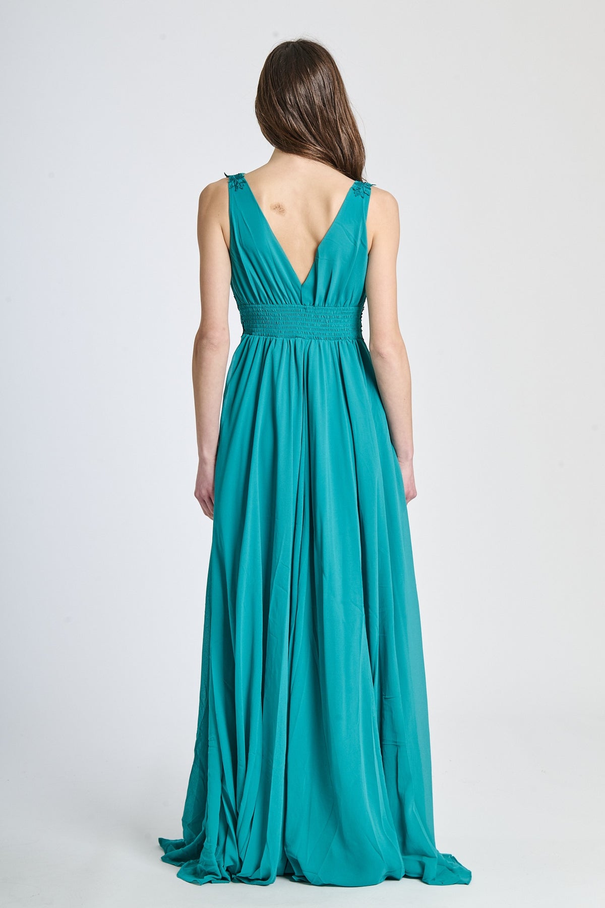 Abito elegante verde acqua, design rinfrescante con falda ampia e tessuto leggero