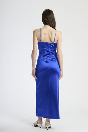 Abito elegante bluette, taglio dritto con drappeggio e scollatura a fascia