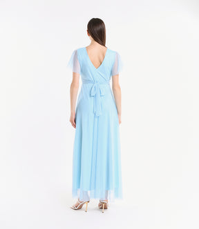 Abito azzurro laccio vita, tulle trasparente, design elegante, per cerimonie
