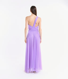 Vestito formale lilla, design monospalla con dettagli plissé e apertura leggera