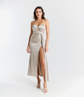 Beatrice Draped Satin Maxi Dress with Side Slit