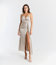 Beatrice Draped Satin Maxi Dress with Side Slit