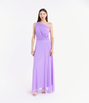 Abito lungo monospalla in tulle lilla, drappeggi fluidi al busto