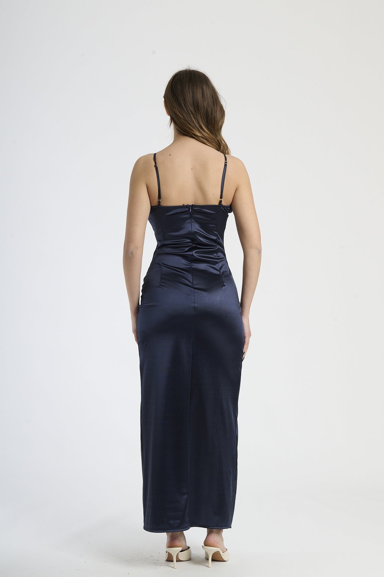 Abito elegante navy, taglio dritto con drappeggio e scollatura a fascia