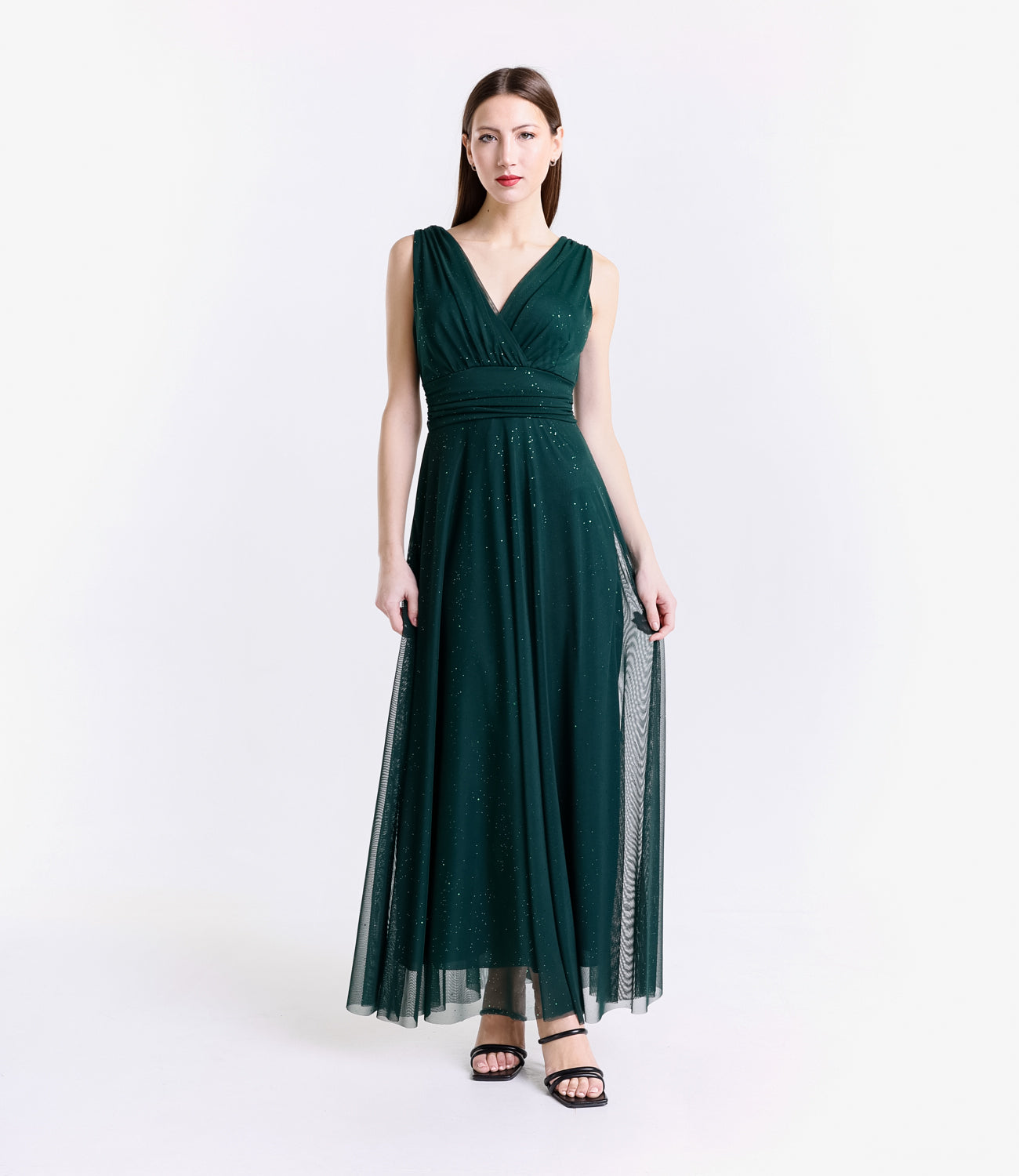 Abito lungo verde scuro senza spalline,elegante e rassicurante