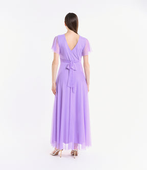 Abito lilla laccio vita, tulle trasparente, design tenero, per serate estive