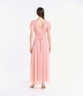 Abito rosa laccio vita, tulle trasparente, design femminile, per eventi estivi
