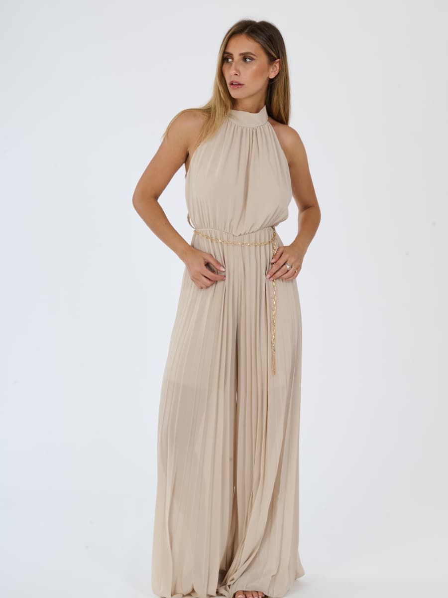 “Celestea” Jumpsuit – Pleated Jumpsuit with Crew Neck and Chain Belt