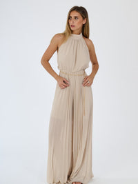 “Celestea” Jumpsuit – Pleated Jumpsuit with Crew Neck and Chain Belt